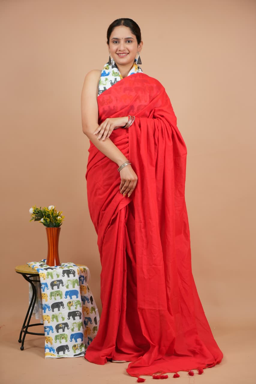 Elegant Red Pure Modal Silk Saree with Blouse Piece