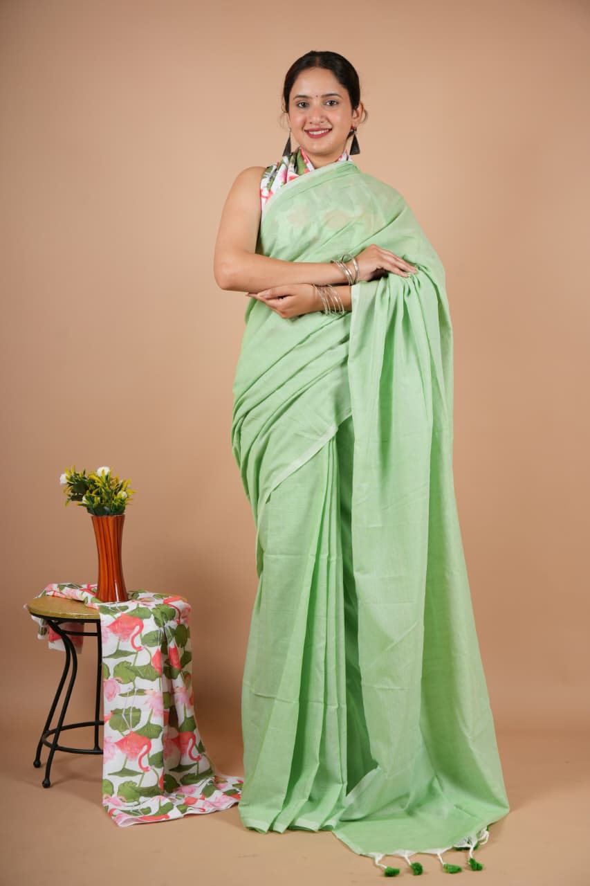 Graceful Light Green Pure Modal Silk Saree with Tassel Detailing & Blouse Piece