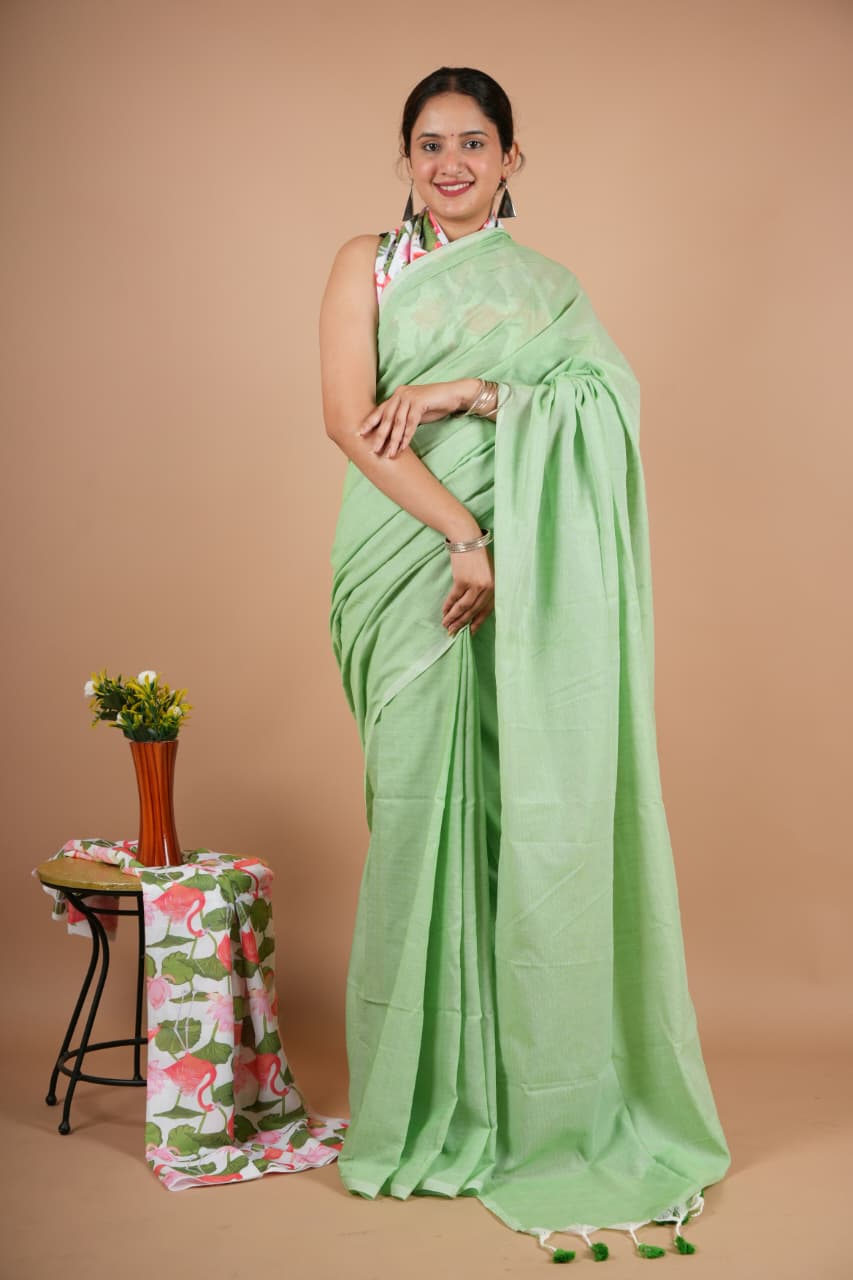 Graceful Light Green Pure Modal Silk Saree with Tassel Detailing & Blouse Piece