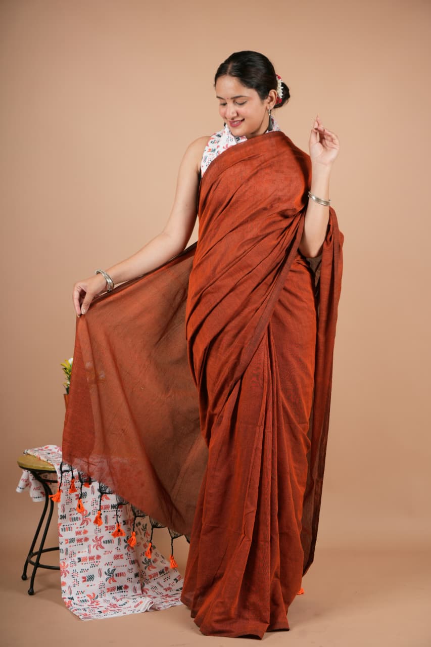 Elegant Rust Brown Modal Silk Saree with Black Tassel Border & Blouse Piece