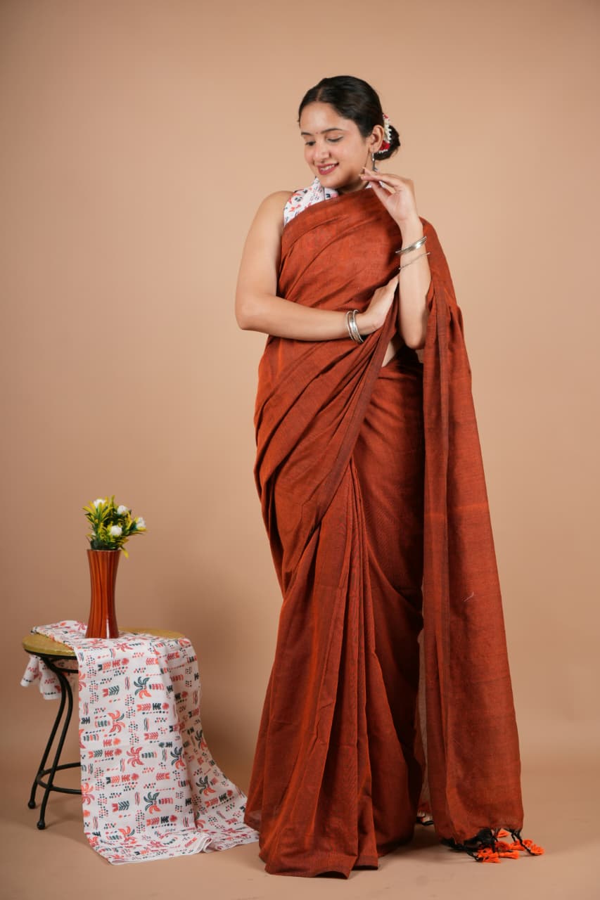 Elegant Rust Brown Modal Silk Saree with Black Tassel Border & Blouse Piece