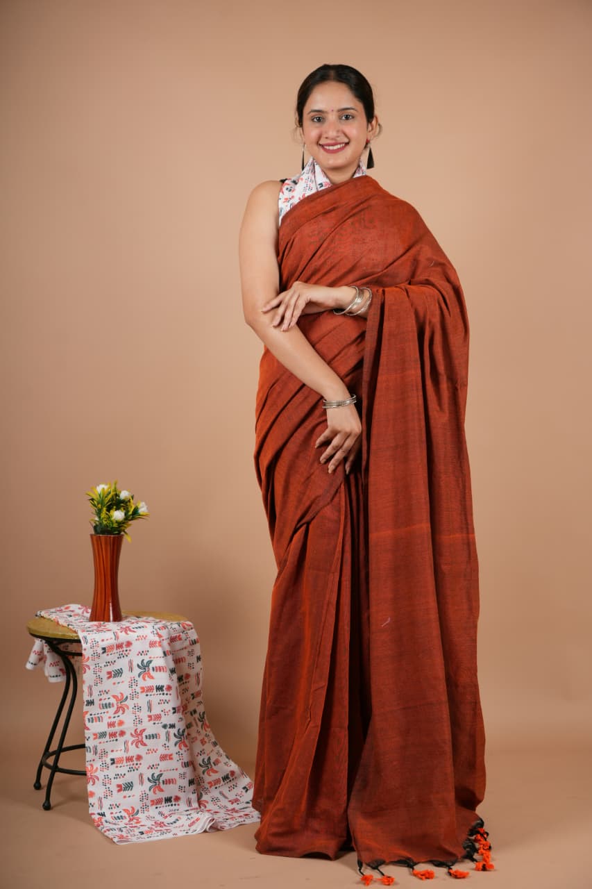 Elegant Rust Brown Modal Silk Saree with Black Tassel Border & Blouse Piece