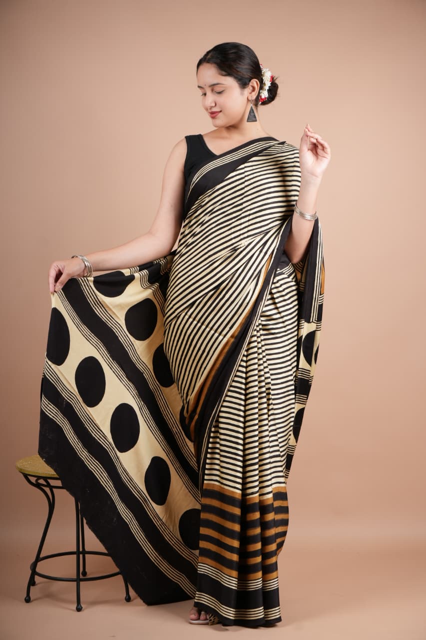 Black & Beige Striped Geometric Printed Saree for Women