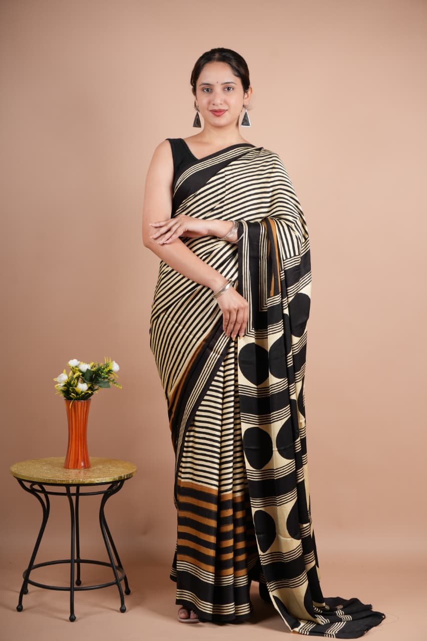 Black & Beige Striped Geometric Printed Saree for Women