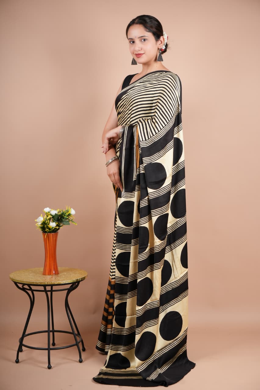 Black & Beige Striped Geometric Printed Saree for Women