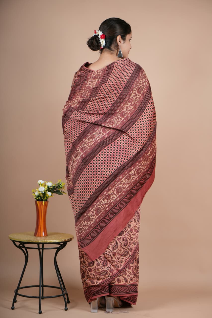Beautiful Pure Modal Silk Saree – Maroon & Beige Paisley Print with Geometric Pallu