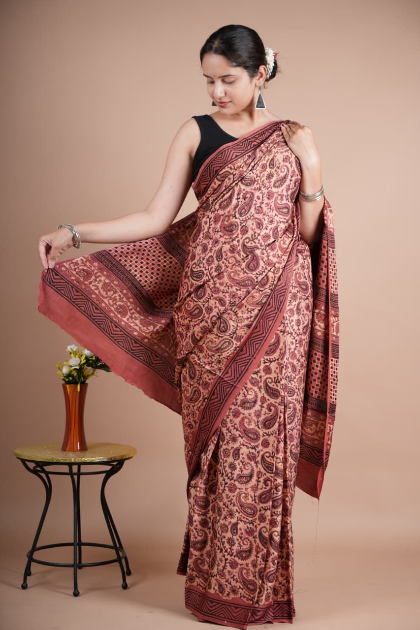 Beautiful Pure Modal Silk Saree – Maroon & Beige Paisley Print with Geometric Pallu