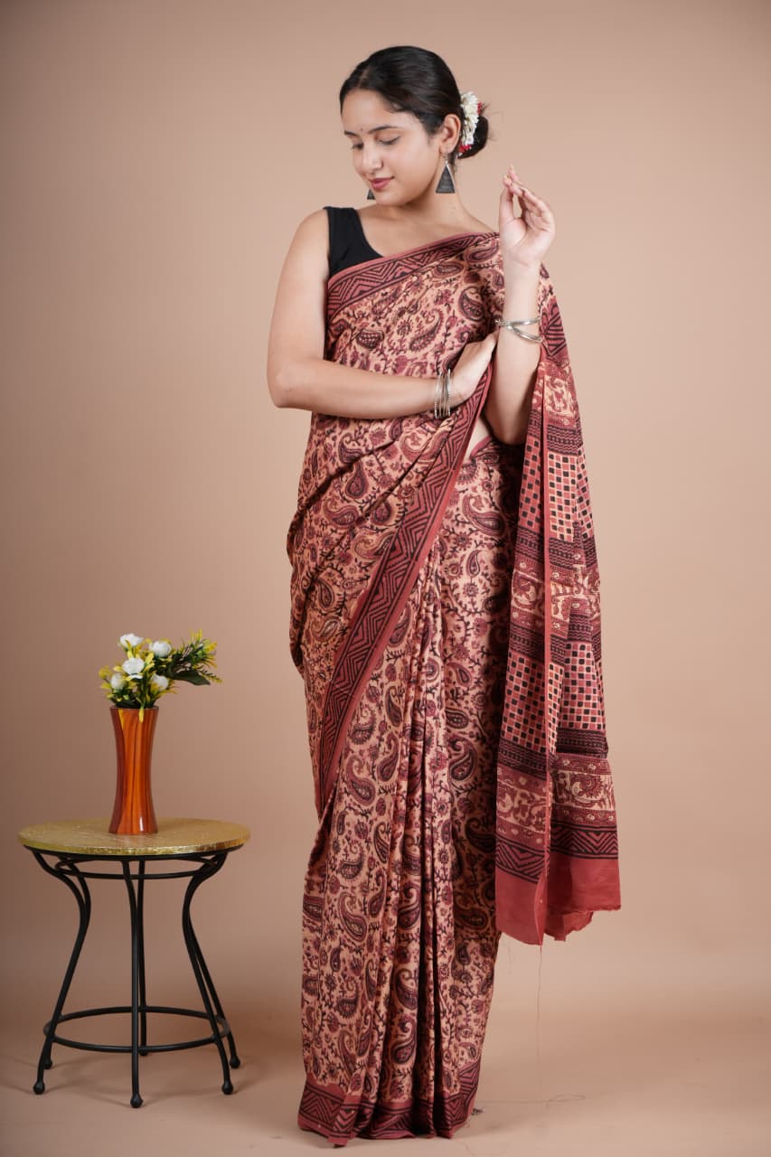 Beautiful Pure Modal Silk Saree – Maroon & Beige Paisley Print with Geometric Pallu
