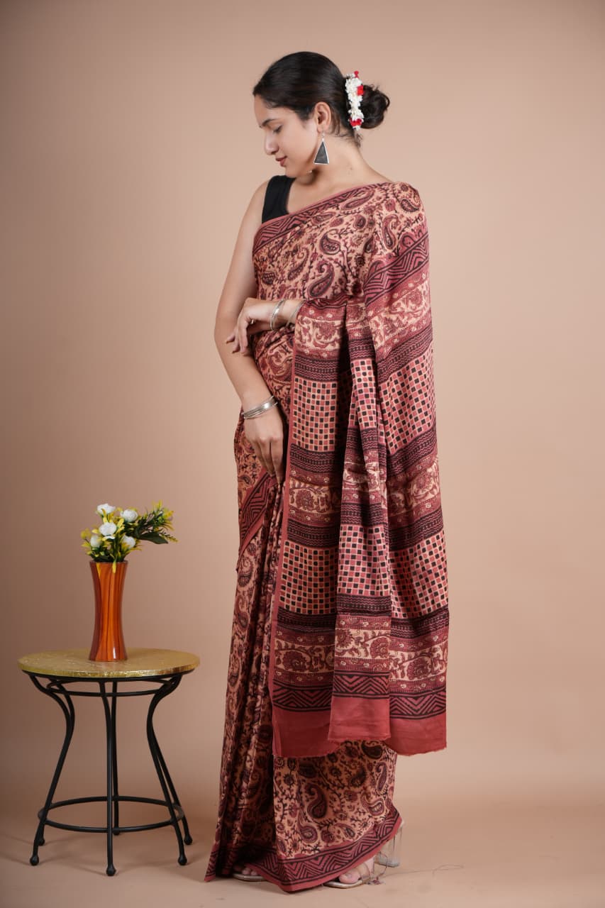 Beautiful Pure Modal Silk Saree – Maroon & Beige Paisley Print with Geometric Pallu