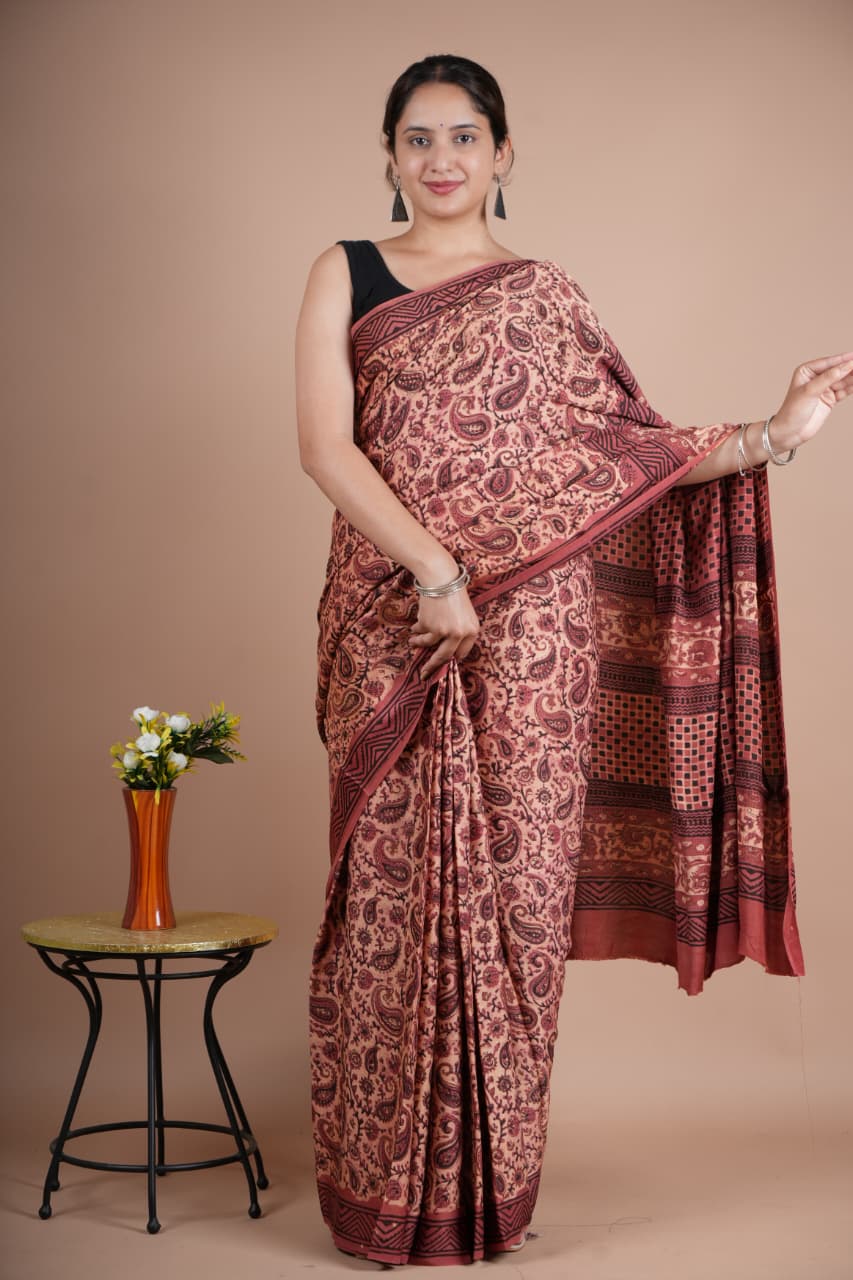 Beautiful Pure Modal Silk Saree – Maroon & Beige Paisley Print with Geometric Pallu
