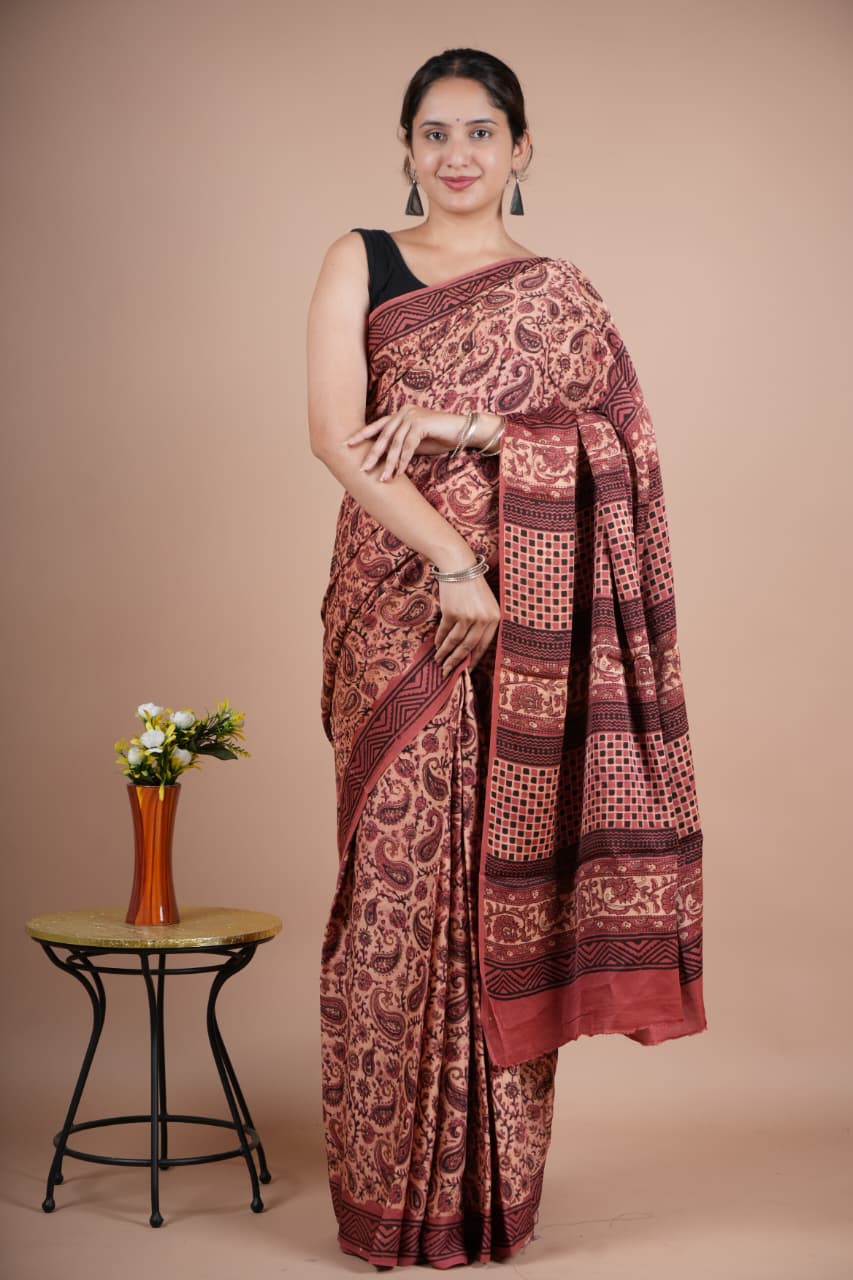 Beautiful Pure Modal Silk Saree – Maroon & Beige Paisley Print with Geometric Pallu