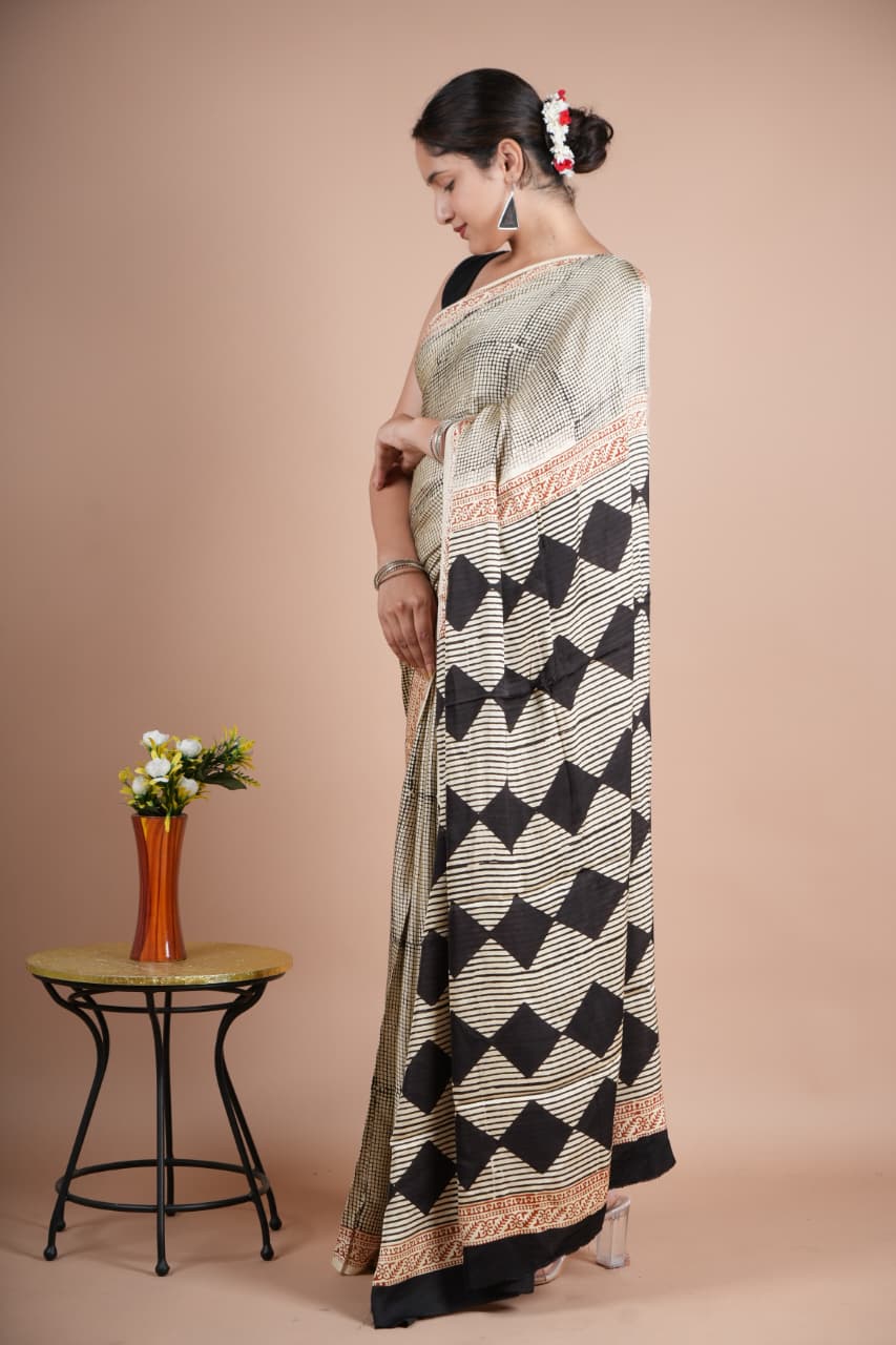 Beautiful Pure Modal Silk Saree – Off-White with Black Geometric Print & Multicolor Triangle Pallu