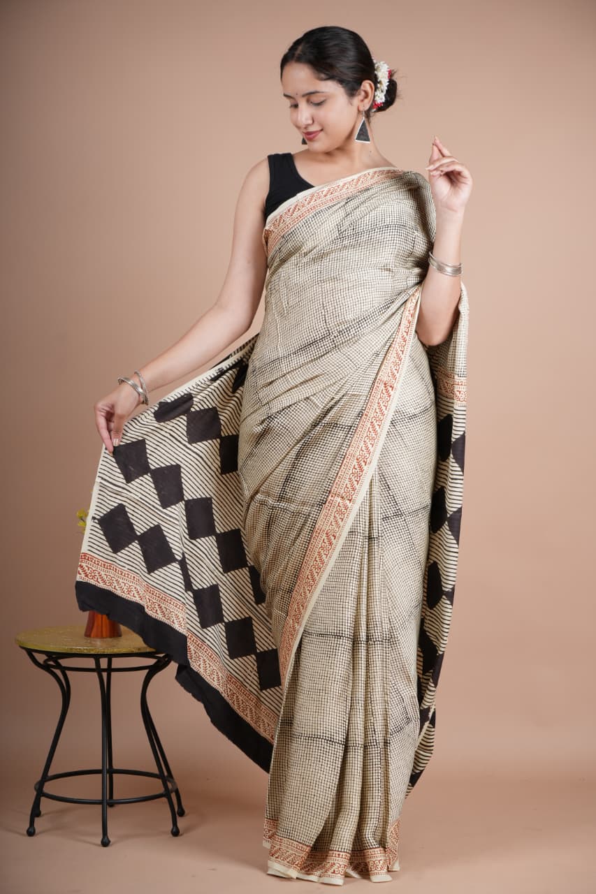 Beautiful Pure Modal Silk Saree – Off-White with Black Geometric Print & Multicolor Triangle Pallu