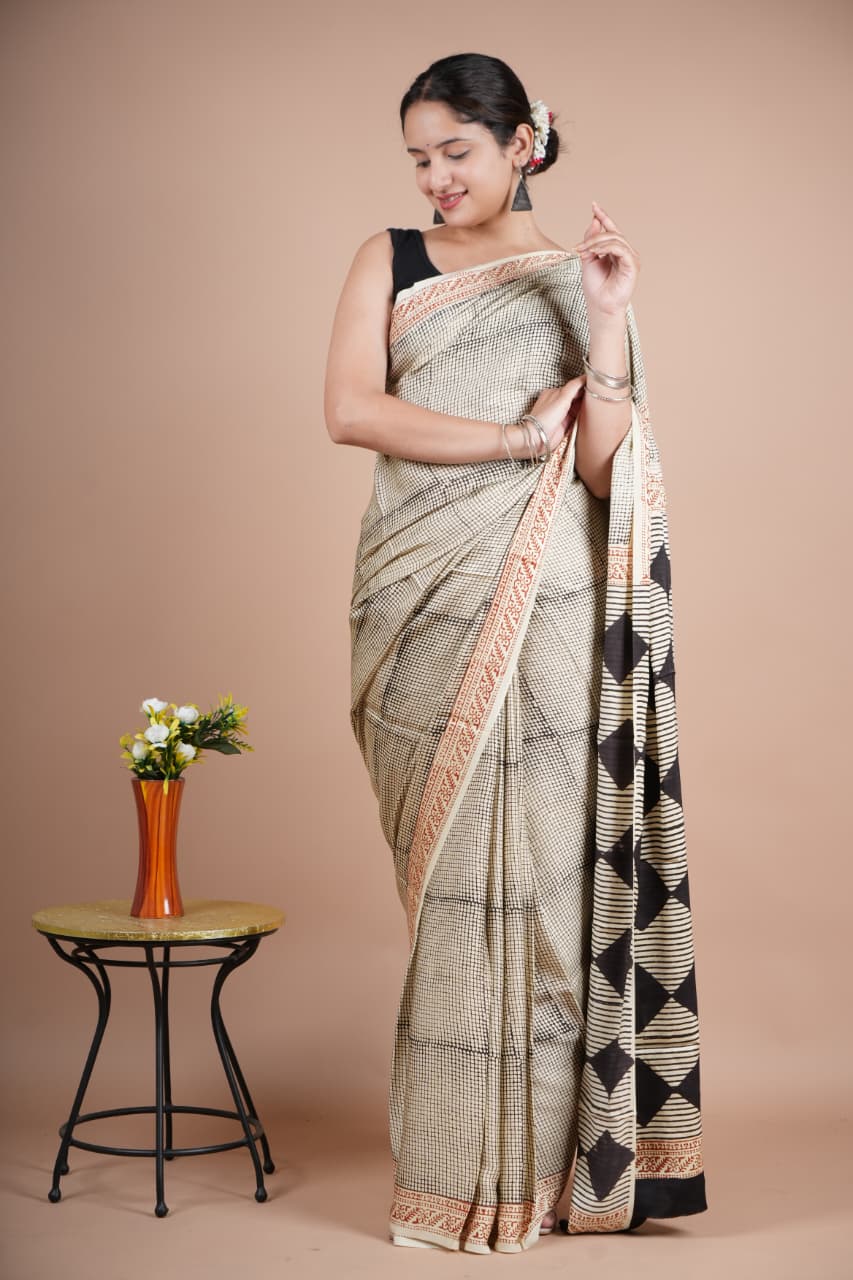 Beautiful Pure Modal Silk Saree – Off-White with Black Geometric Print & Multicolor Triangle Pallu