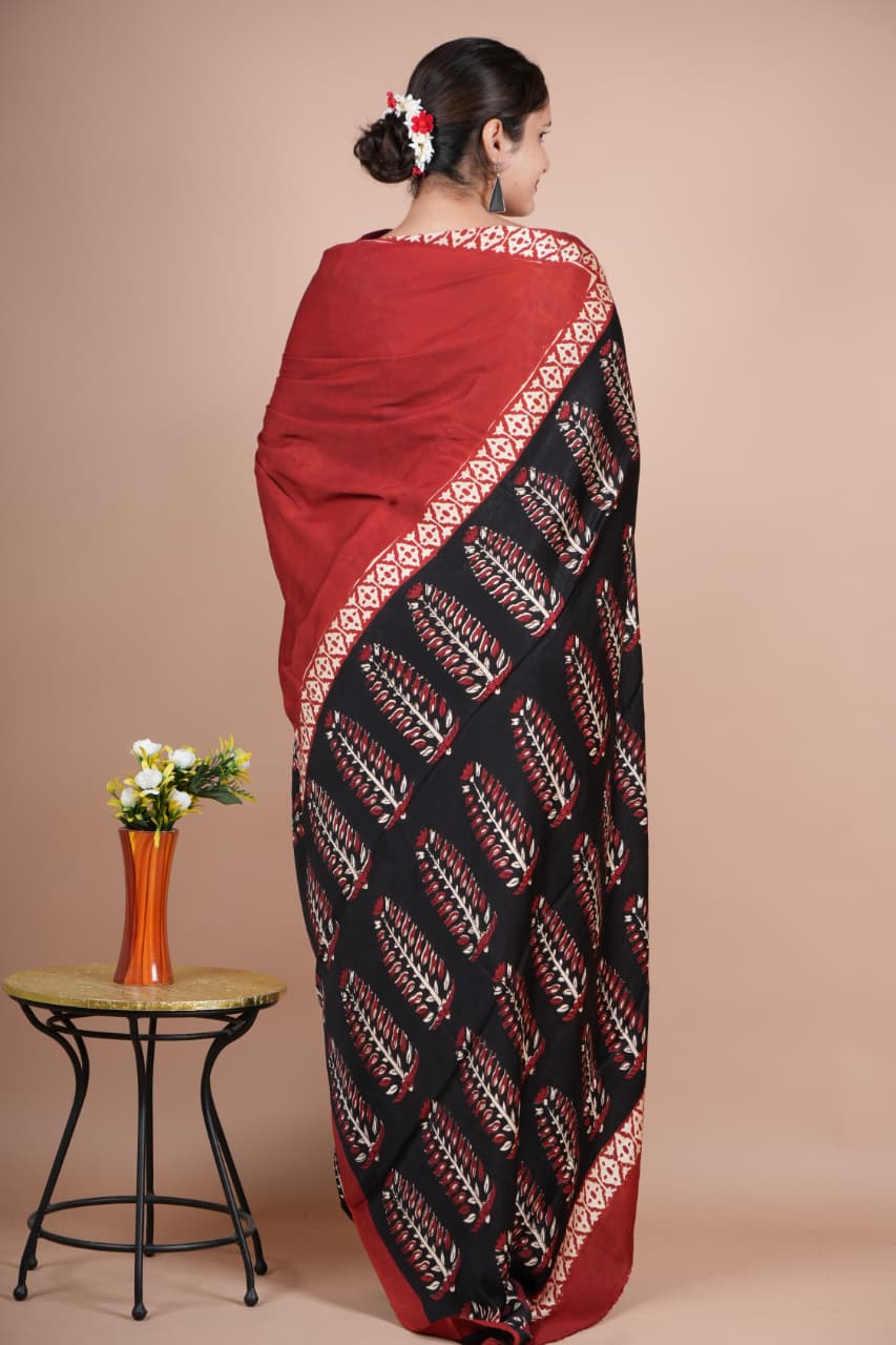 Beautiful Pure Modal Silk Saree – Maroon with Black Pallu & Tribal Leaf Print