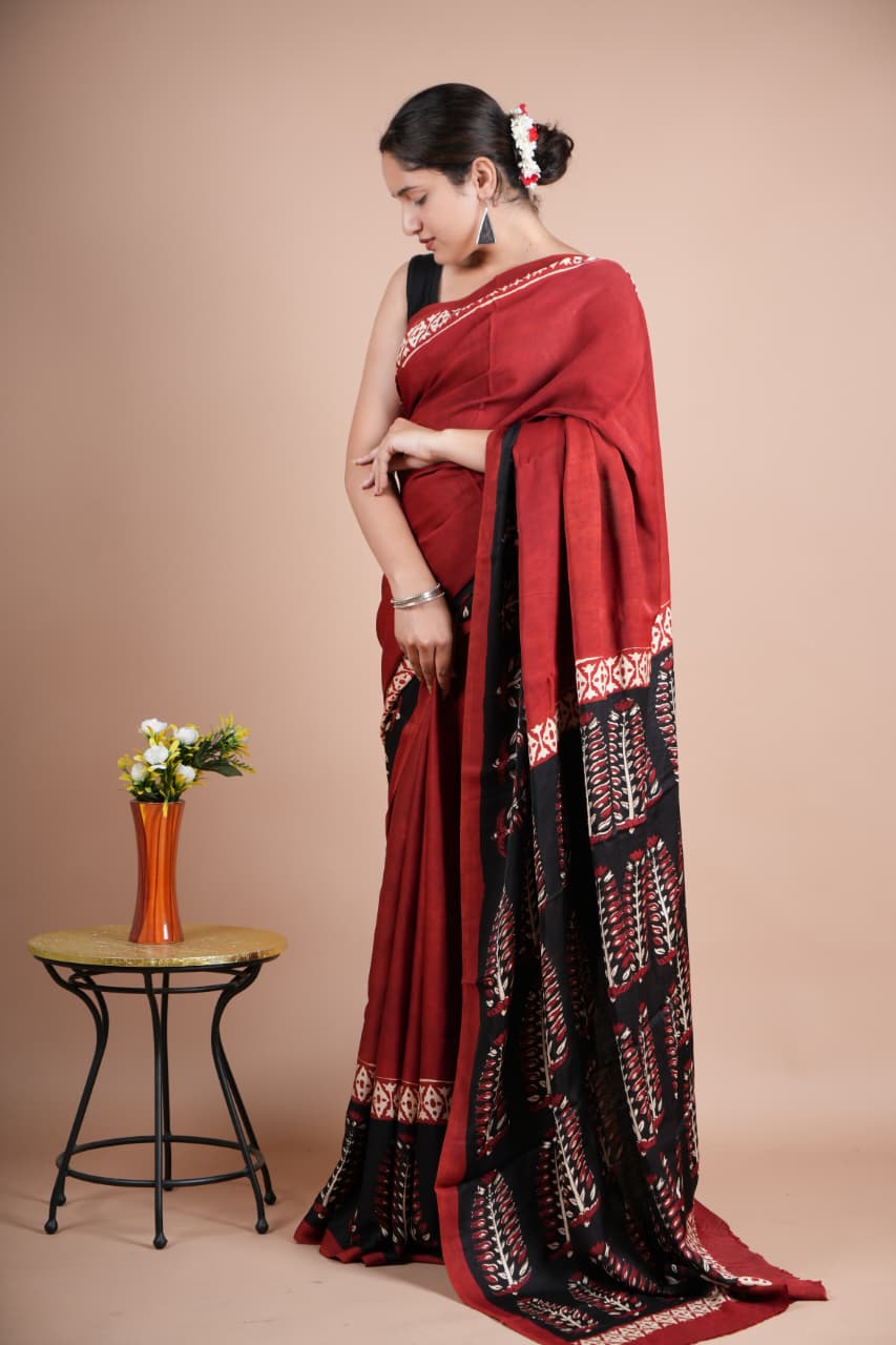 Beautiful Pure Modal Silk Saree – Maroon with Black Pallu & Tribal Leaf Print