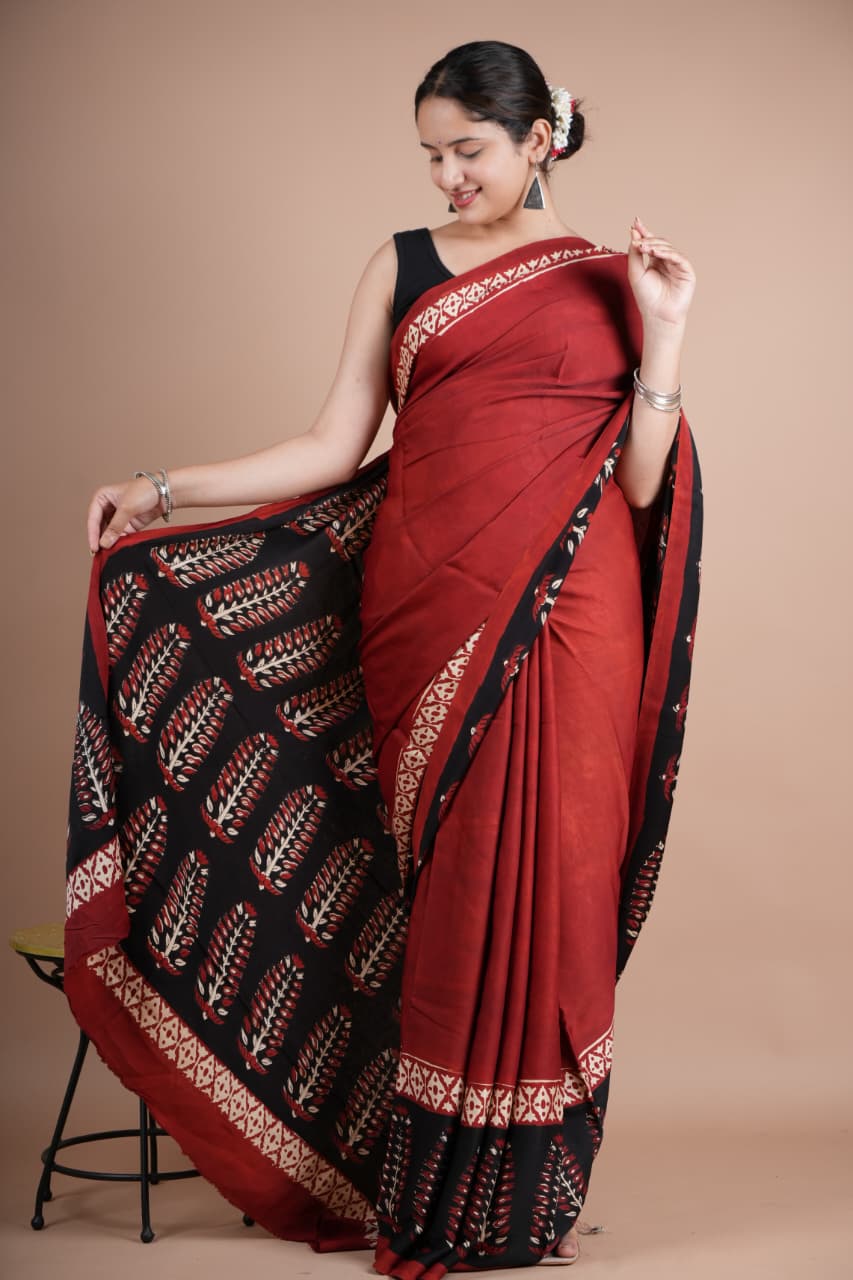 Beautiful Pure Modal Silk Saree – Maroon with Black Pallu & Tribal Leaf Print