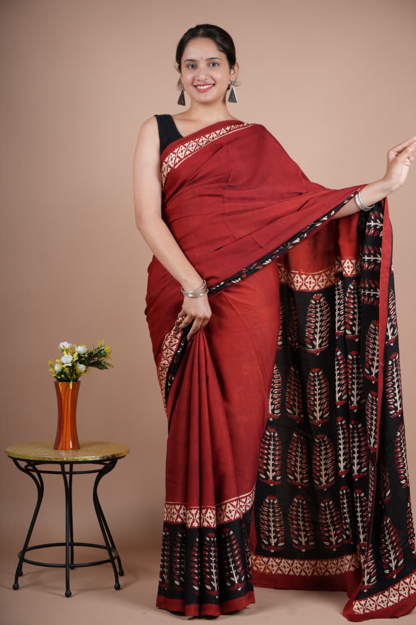 Beautiful Pure Modal Silk Saree – Maroon with Black Pallu & Tribal Leaf Print
