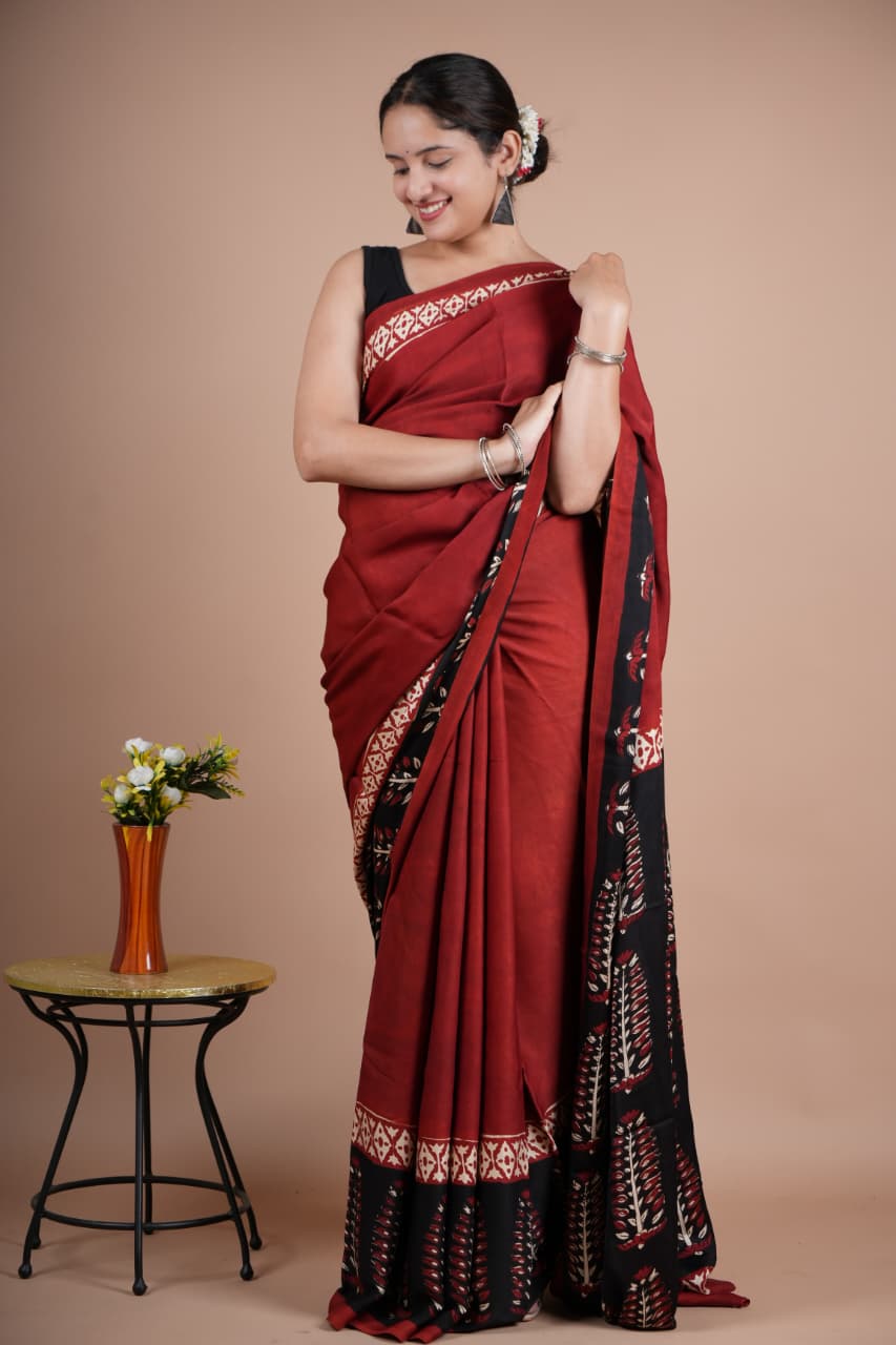 Beautiful Pure Modal Silk Saree – Maroon with Black Pallu & Tribal Leaf Print