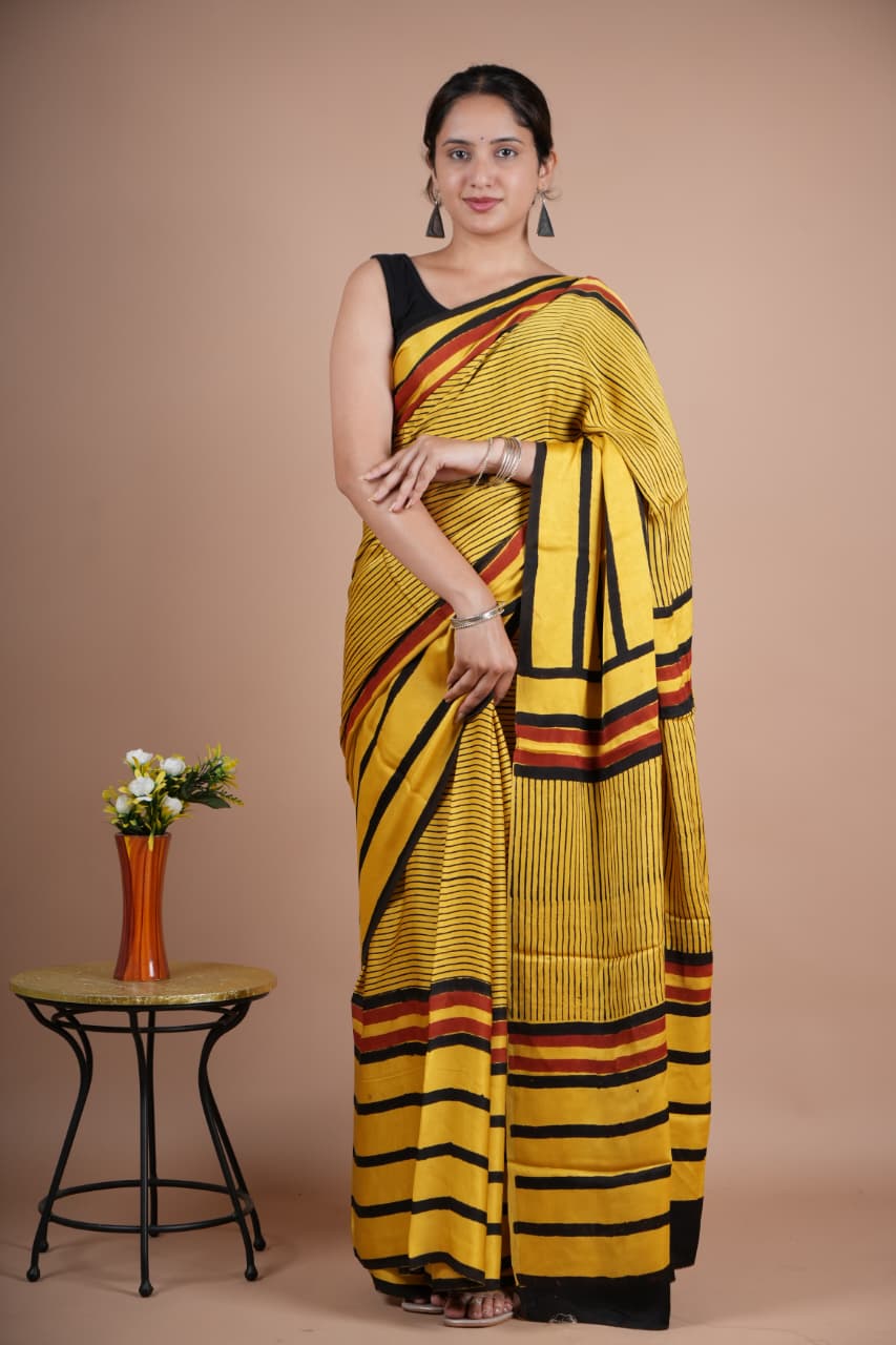 Beautiful Pure Modal Silk Saree – Mustard Yellow with Maroon Traditional Buta Design