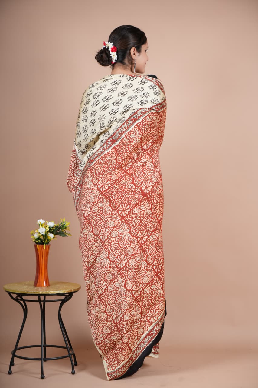 Elegant Pure Modal Silk Saree – Cream with Black Floral Buti & Rust Red Pallu