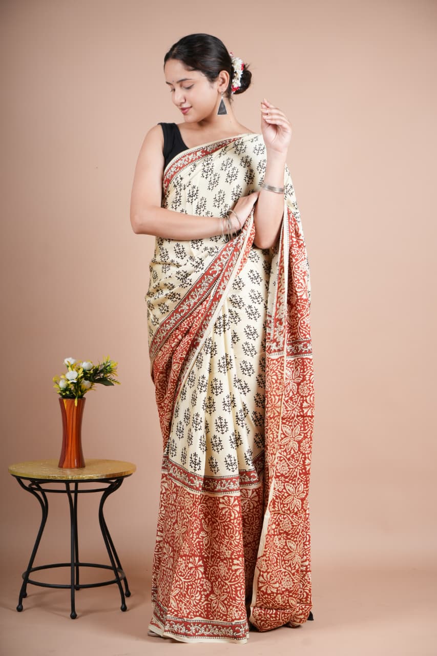 Elegant Pure Modal Silk Saree – Cream with Black Floral Buti & Rust Red Pallu