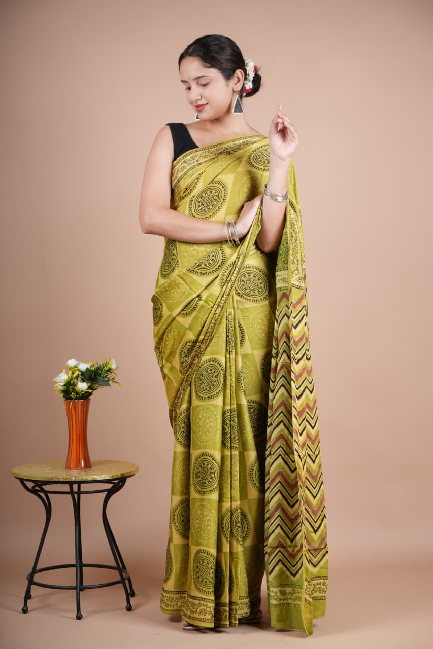 Beautiful Pure Modal Silk Green Printed Saree with Geometric & Circular