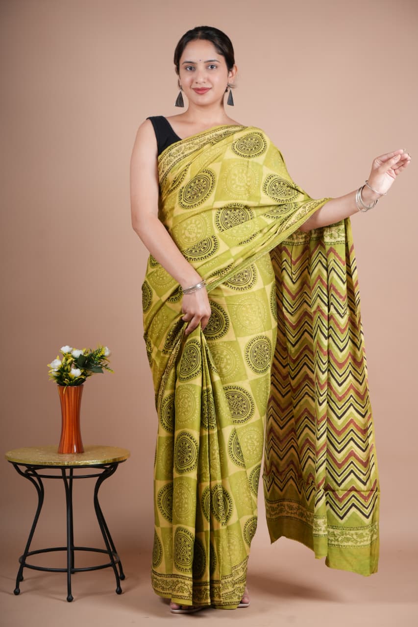 Beautiful Pure Modal Silk Green Printed Saree with Geometric & Circular