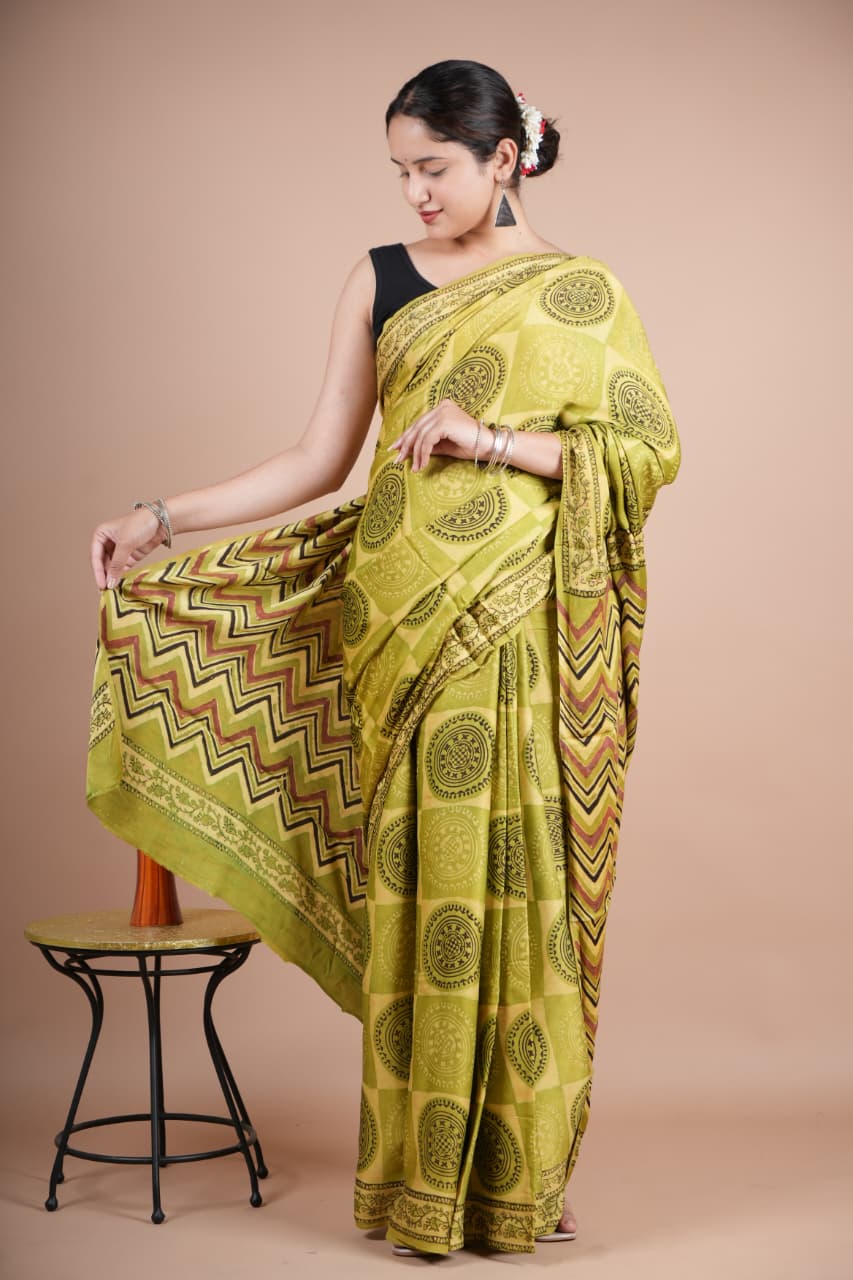 Beautiful Pure Modal Silk Green Printed Saree with Geometric & Circular