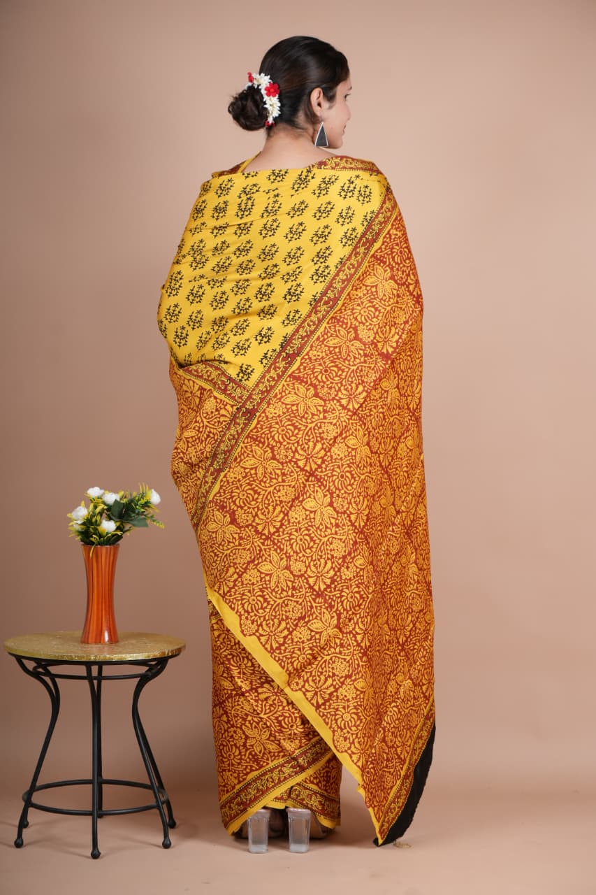 Elegant Pure Modal Silk Yellow Floral Printed Saree with Red Pallu