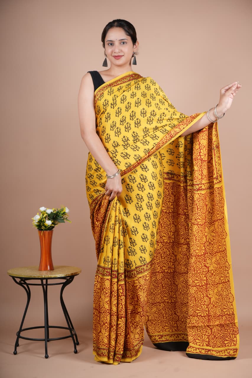 Elegant Pure Modal Silk Yellow Floral Printed Saree with Red Pallu