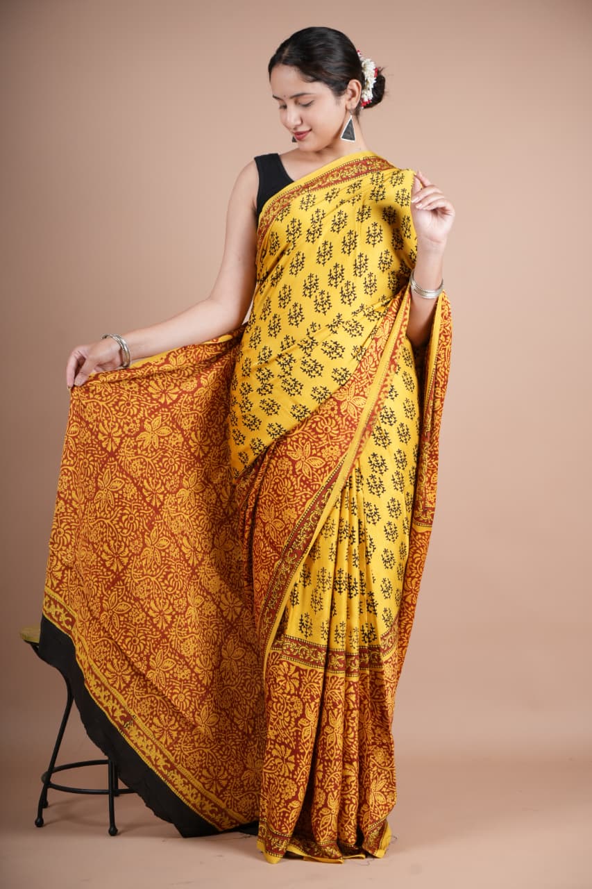 Elegant Pure Modal Silk Yellow Floral Printed Saree with Red Pallu