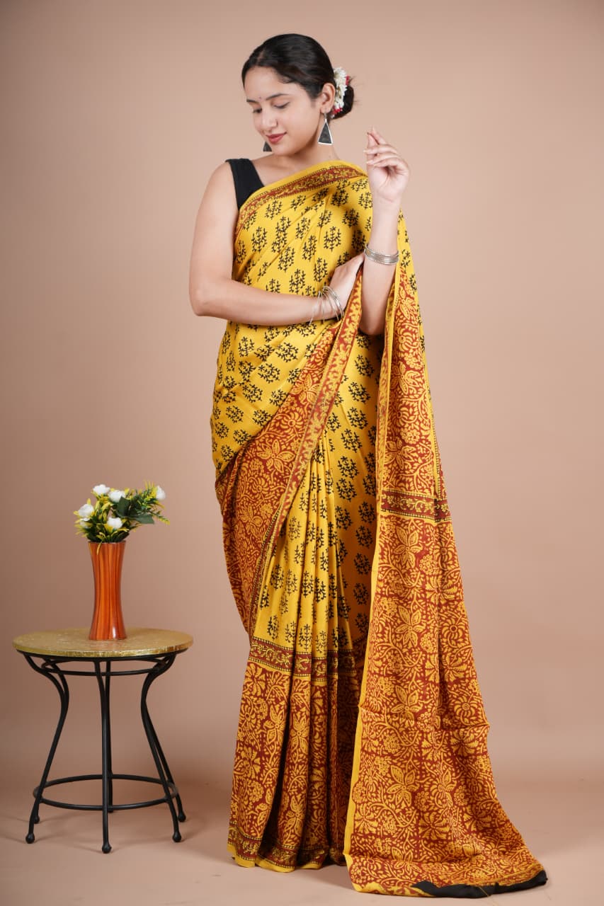 Elegant Pure Modal Silk Yellow Floral Printed Saree with Red Pallu