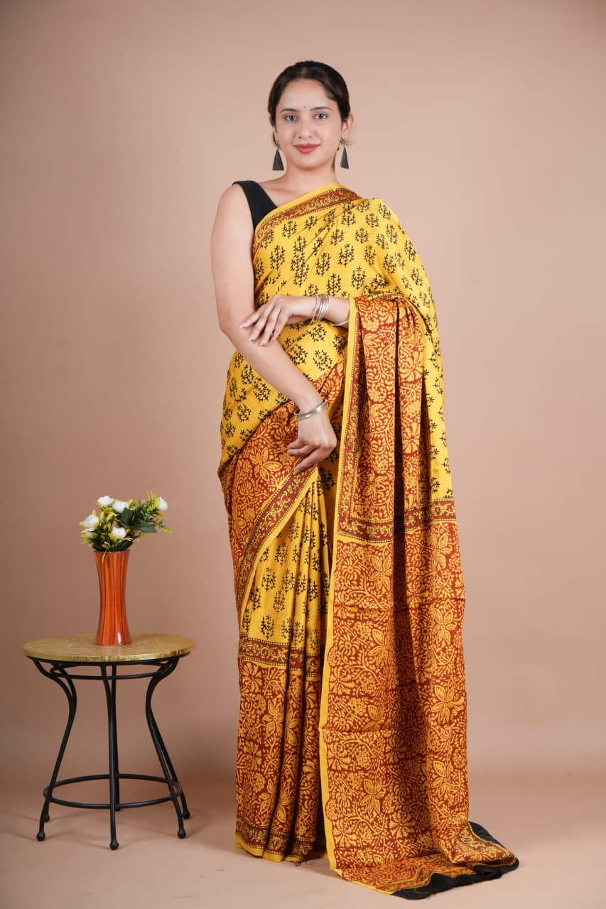 Elegant Pure Modal Silk Yellow Floral Printed Saree with Red Pallu