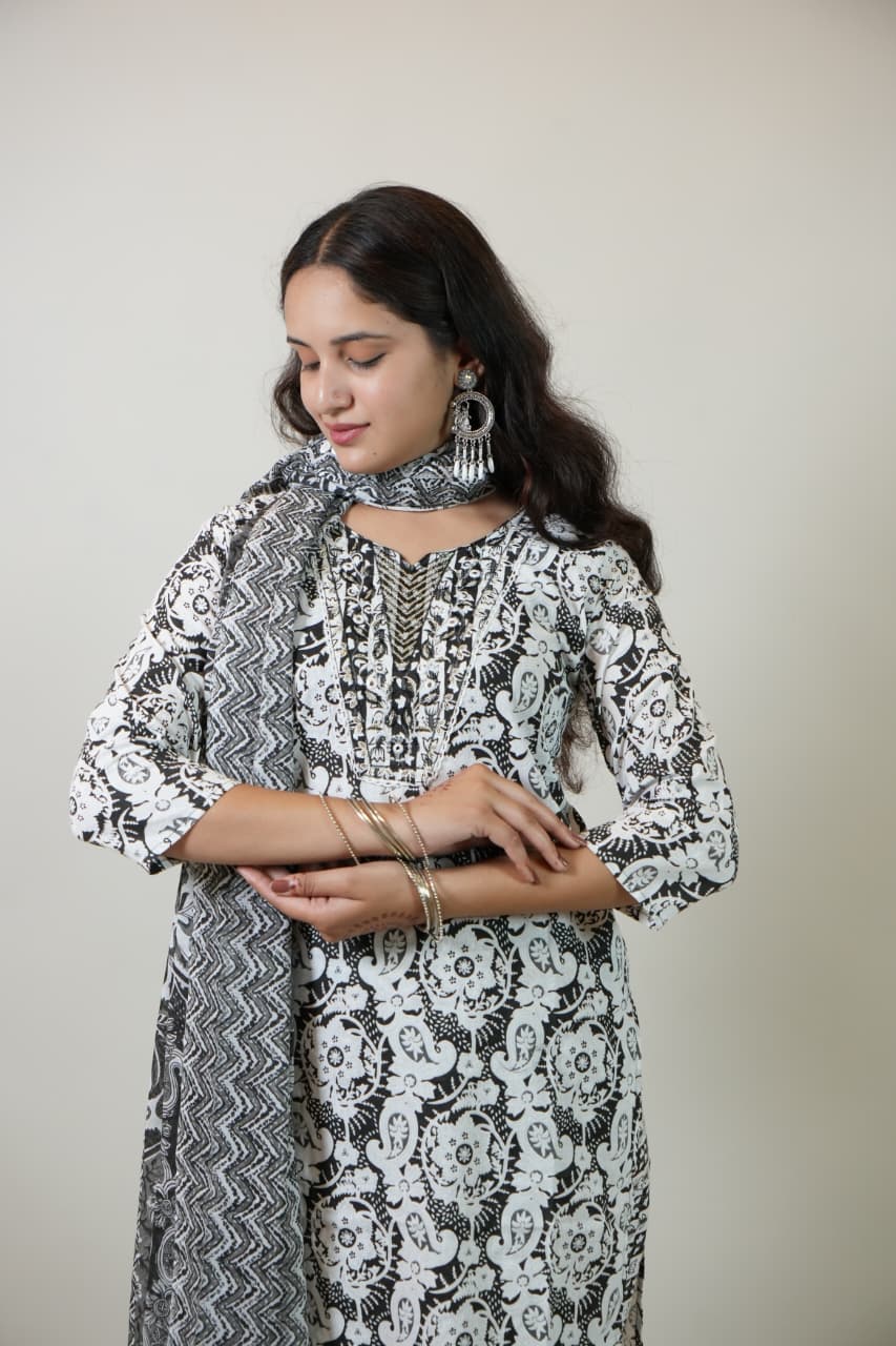 Women’s Black & White Floral Printed Cotton Kurta Set with Pant & Dupatta
