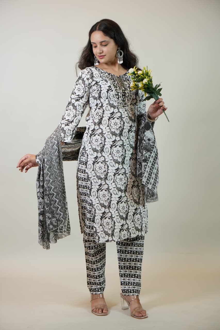Women’s Black & White Floral Printed Cotton Kurta Set with Pant & Dupatta