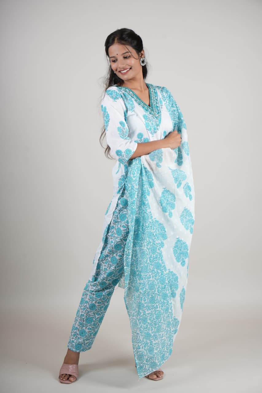 Women’s Blue & White Cotton Printed Kurta Set with Pant & Dupatta