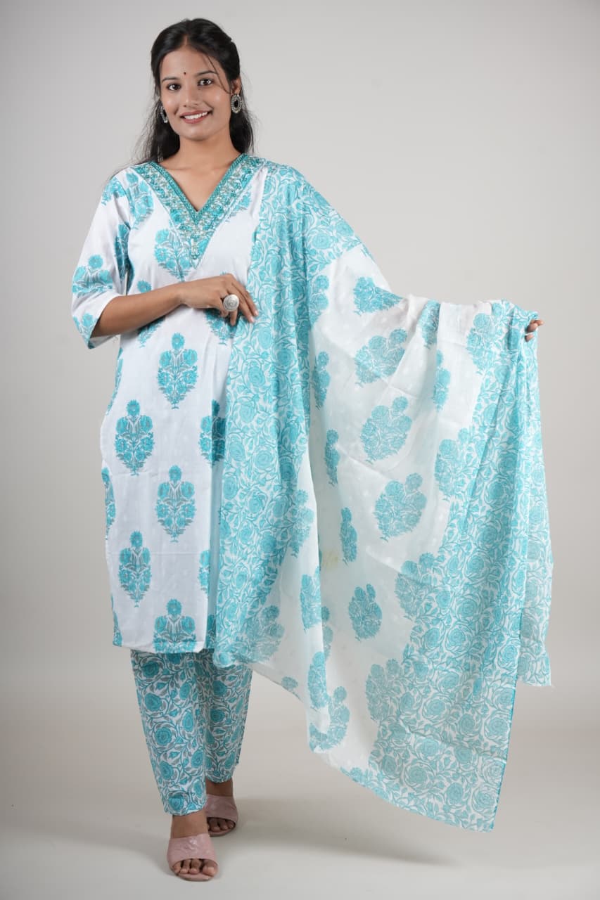Women’s Blue & White Cotton Printed Kurta Set with Pant & Dupatta
