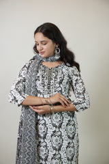 Women’s Black & White Floral Printed Cotton Kurta Set with Pant & Dupatta