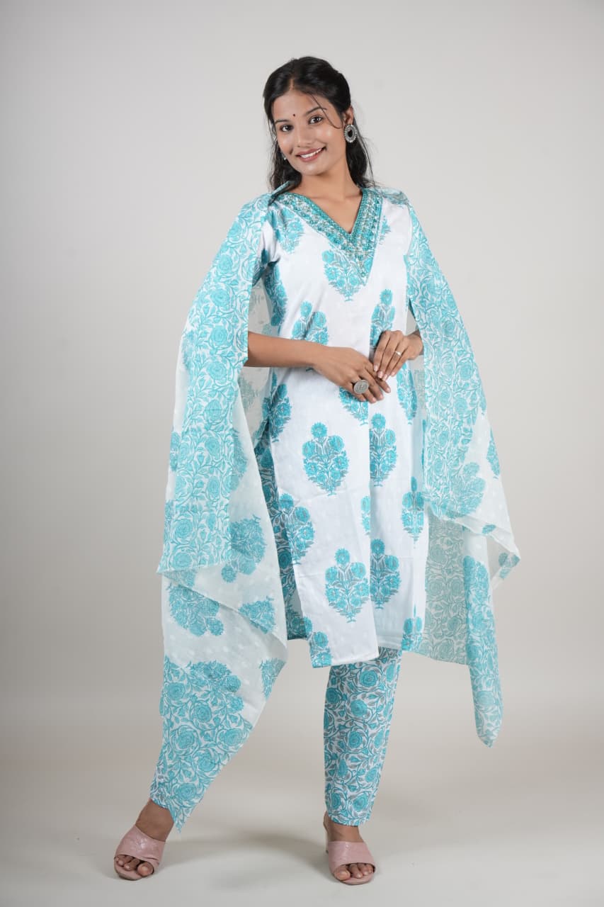 Women’s Blue & White Cotton Printed Kurta Set with Pant & Dupatta