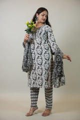 Women’s Black & White Floral Printed Cotton Kurta Set with Pant & Dupatta
