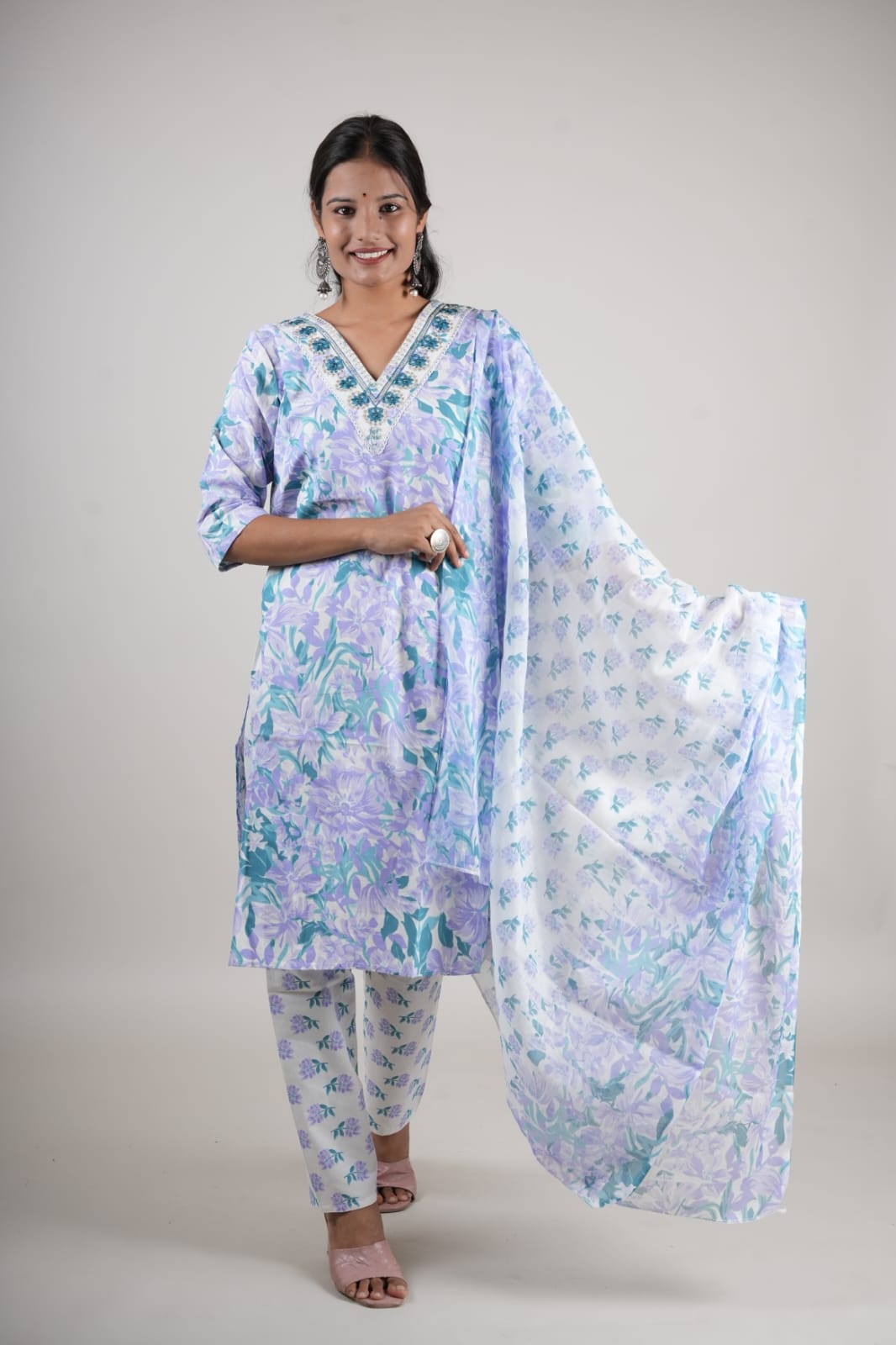 Women’s Lavender Floral Cotton Kurta Set with Pant & Dupatta