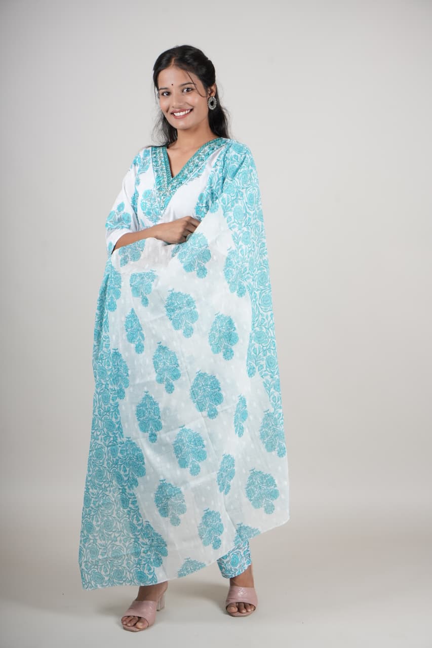 Women’s Blue & White Cotton Printed Kurta Set with Pant & Dupatta