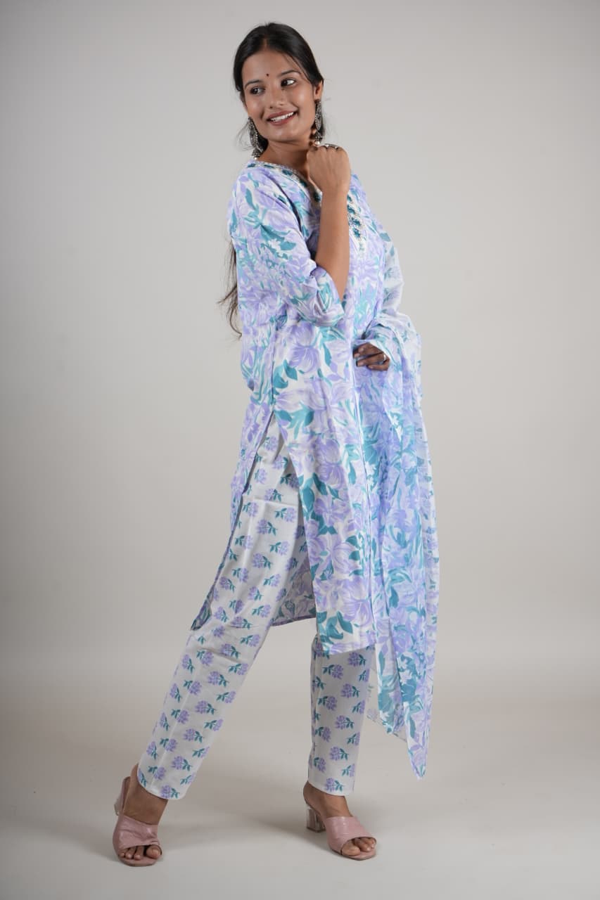 Women’s Lavender Floral Cotton Kurta Set with Pant & Dupatta