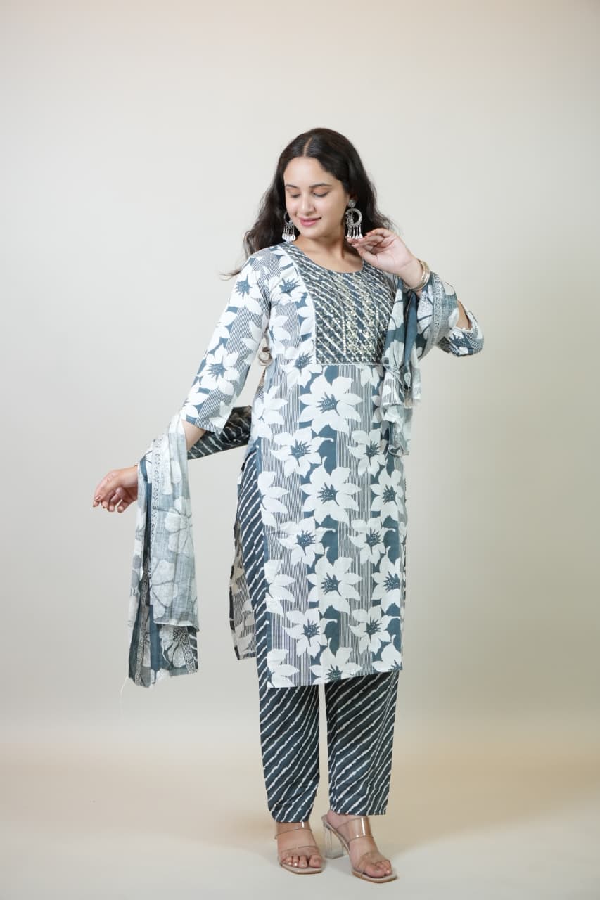 Women’s Blue & White Floral Printed Cotton Kurta Set with Pant & Dupatta