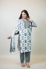 Women’s Blue & White Floral Printed Cotton Kurta Set with Pant & Dupatta