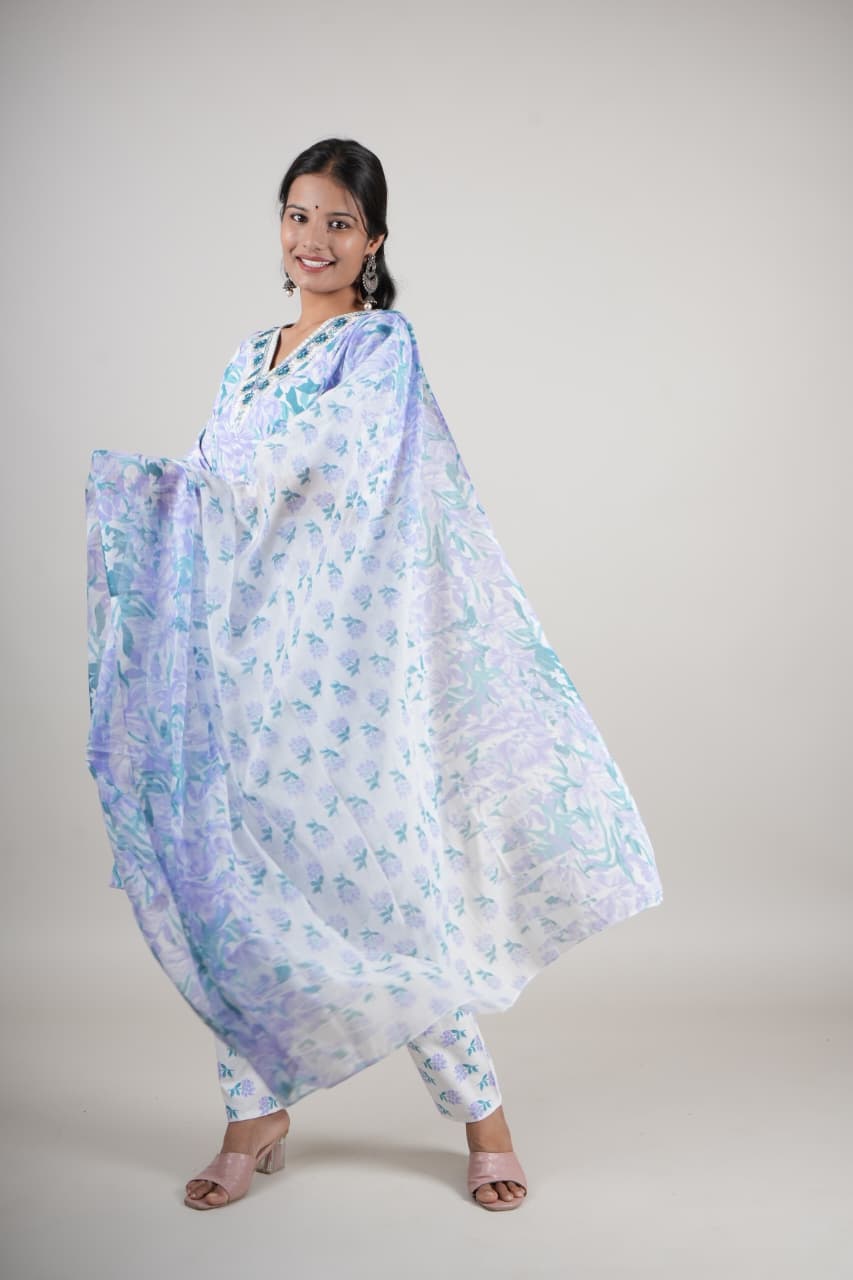 Women’s Lavender Floral Cotton Kurta Set with Pant & Dupatta