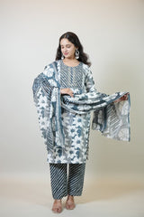 Women’s Blue & White Floral Printed Cotton Kurta Set with Pant & Dupatta
