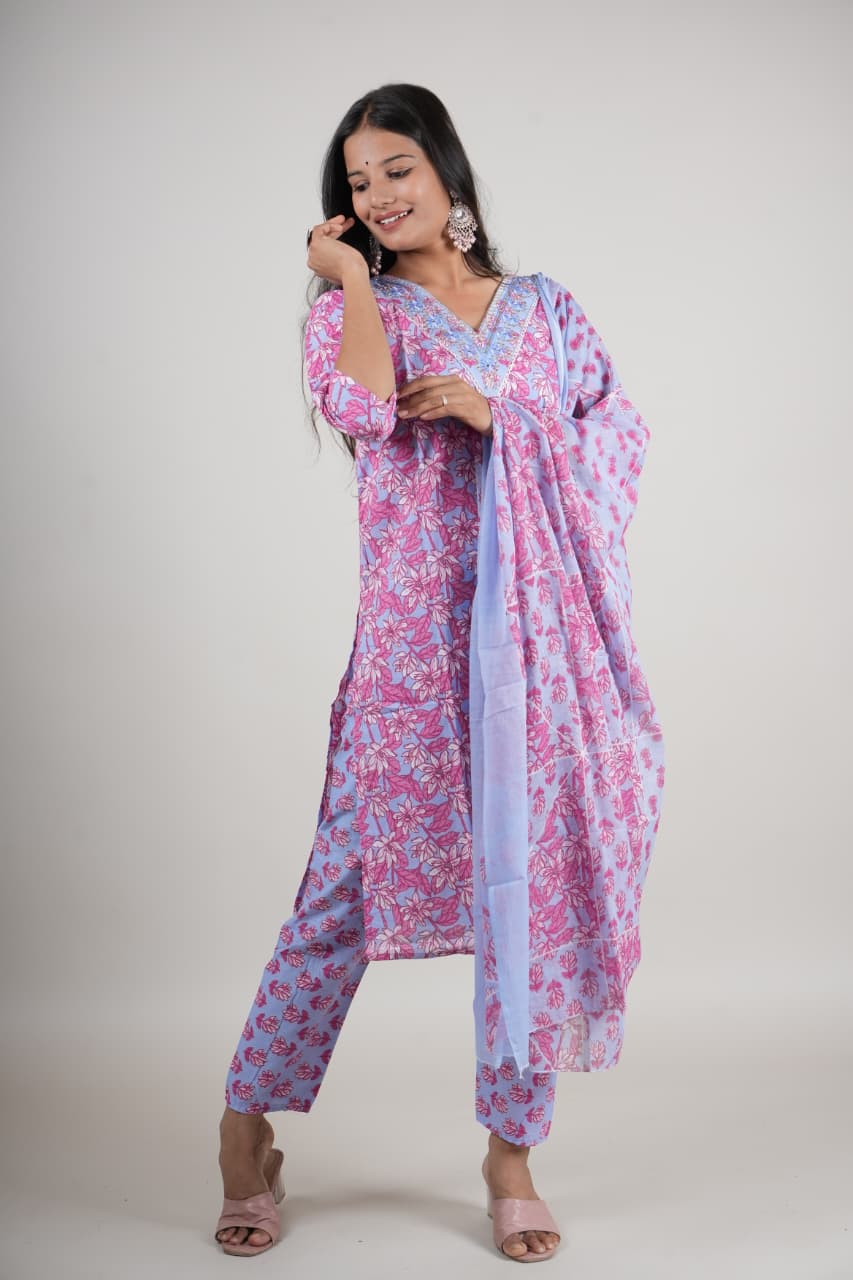 Women’s Pink & Blue Floral Cotton Kurta Set with Pant & Dupatta