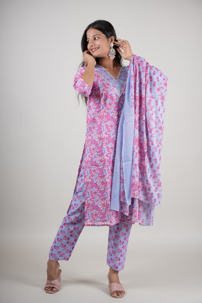 Women’s Pink & Blue Floral Cotton Kurta Set with Pant & Dupatta